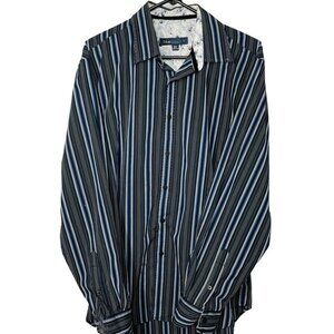 Mens Button Down Dress Shirt Blue Stripe Pin Stripes Size L Decorative Cuffs u